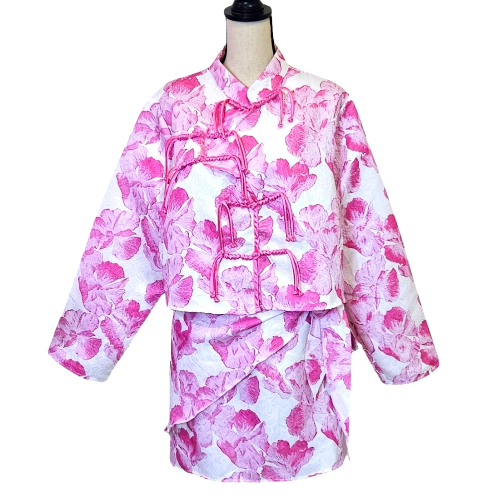 SHEIN Pink & White Floral Kimono 2-Piece Mini Set W/ Sidebow,Size 2XL